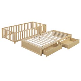 Twin Size Wood Daybed with Fence Guardrails and 2 Drawers, Split into Independent Floor Bed & Daybed