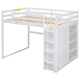 Wood Full Size Loft Bed With Built-in Wardrobe And Storage Shelves, Led Light
