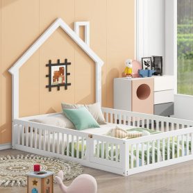 Wood Full Size House Platform Bed With Guardrail