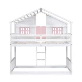 Twin over Twin House Bunk Bed with Roof , Window, Door , Safety Guardrails and Ladder