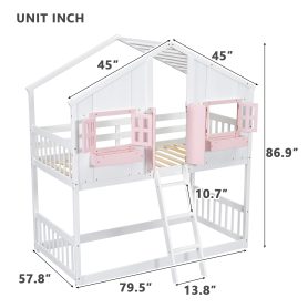 Twin over Twin House Bunk Bed with Roof , Window, Door , Safety Guardrails and Ladder
