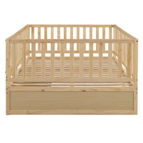 Full Size Wood Daybed with Fence Guardrails and 2 Drawers, Split into Independent Floor Bed & Daybed