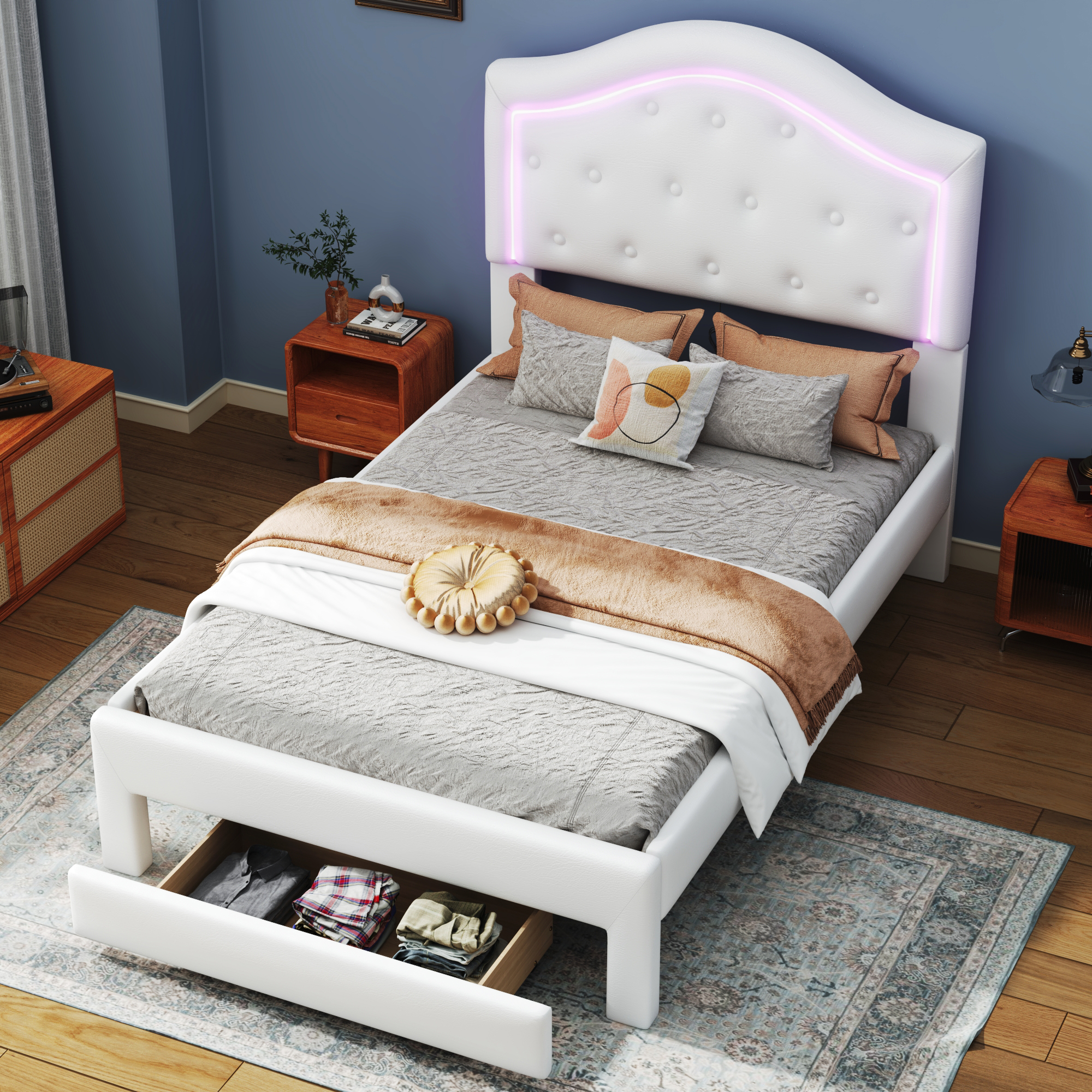 Twin Size Upholstered Platform Bed with Tufted Headboard, LED and a Drawer