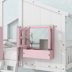 Twin over Twin House Bunk Bed with Roof , Window, Door , Safety Guardrails and Ladder
