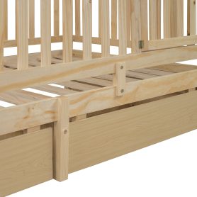 Twin Size Wood Daybed with Fence Guardrails and 2 Drawers, Split into Independent Floor Bed & Daybed