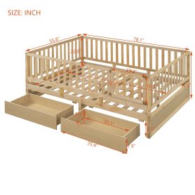 Full Size Wood Daybed with Fence Guardrails and 2 Drawers, Split into Independent Floor Bed & Daybed