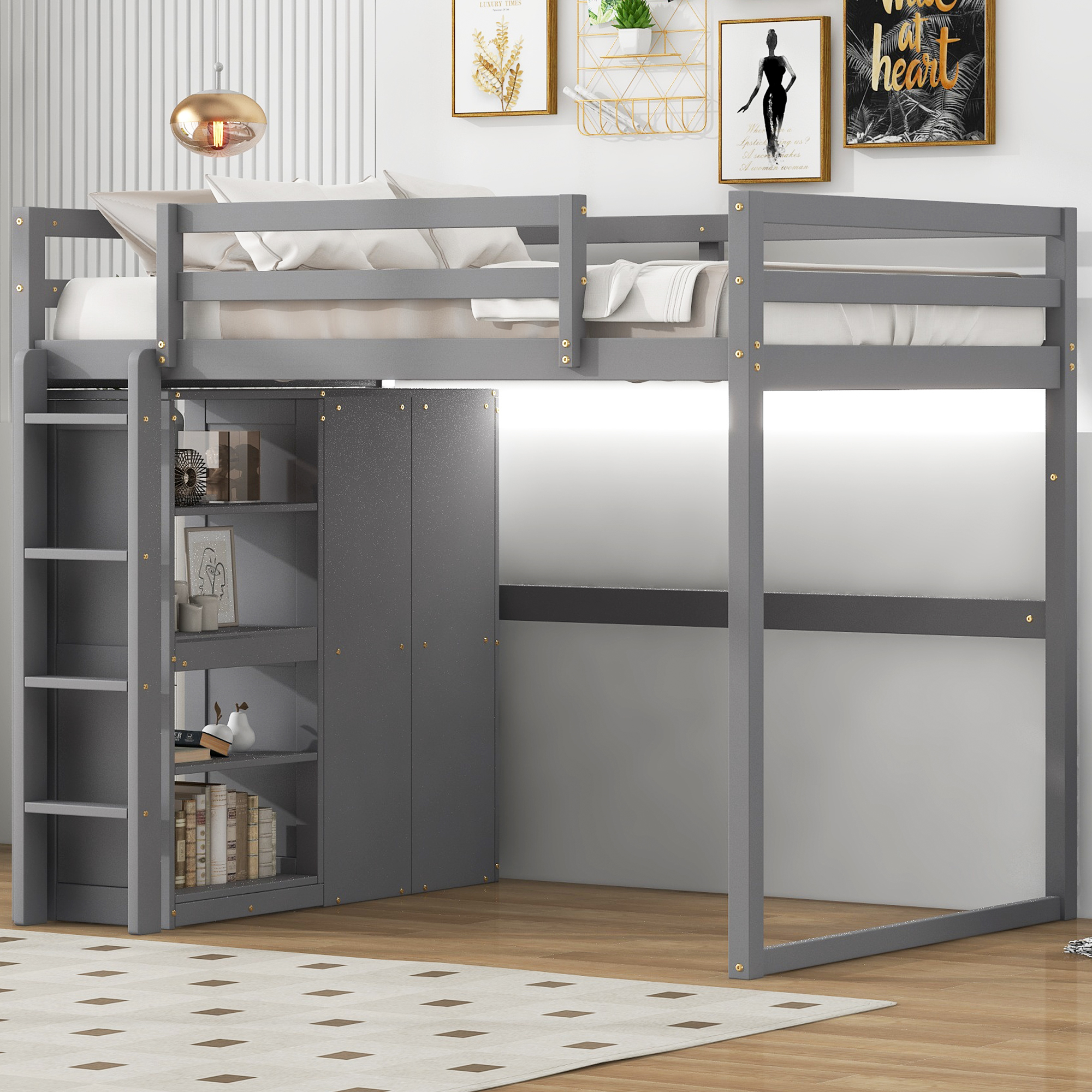 Wood Full Size Loft Bed With Built-in Wardrobe And Storage Shelves, Led Light