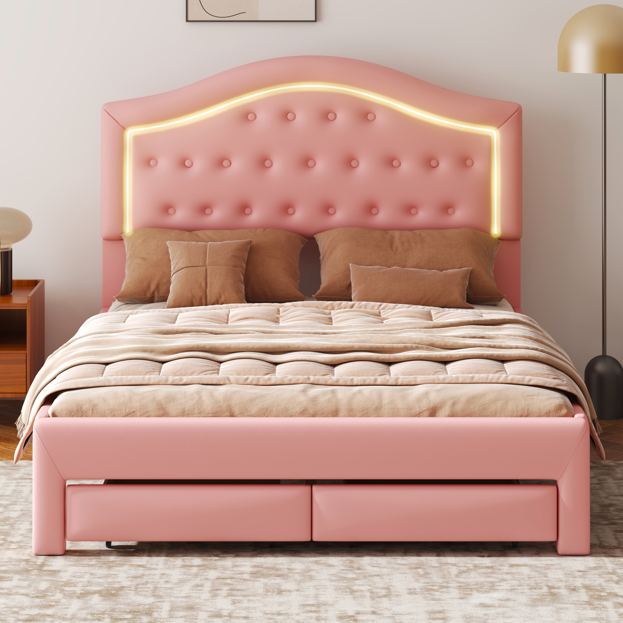 Queen Size Upholstered Platform Bed with Tufted Headboard, LED and 2 Drawers