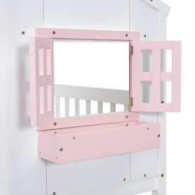 Twin over Twin House Bunk Bed with Roof , Window, Door , Safety Guardrails and Ladder