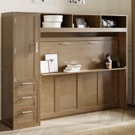 Full Size Murphy Bed with Wardrobe, Drawers and Open Shelves