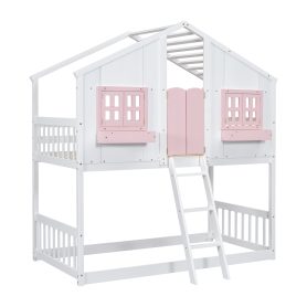 Twin over Twin House Bunk Bed with Roof , Window, Door , Safety Guardrails and Ladder