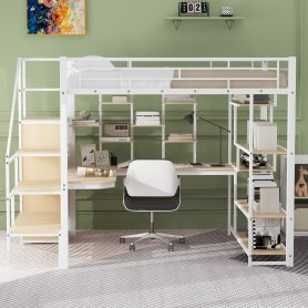 Full Size Metal Loft Bed with Storage Staircase and Small Wardrobe, Built-in Desk and Storage Shelves