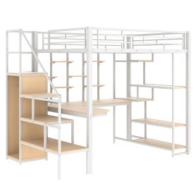Full Size Metal Loft Bed with Storage Staircase and Small Wardrobe, Built-in Desk and Storage Shelves