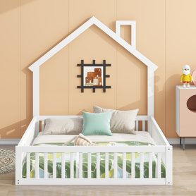 Wood Full Size House Platform Bed With Guardrail