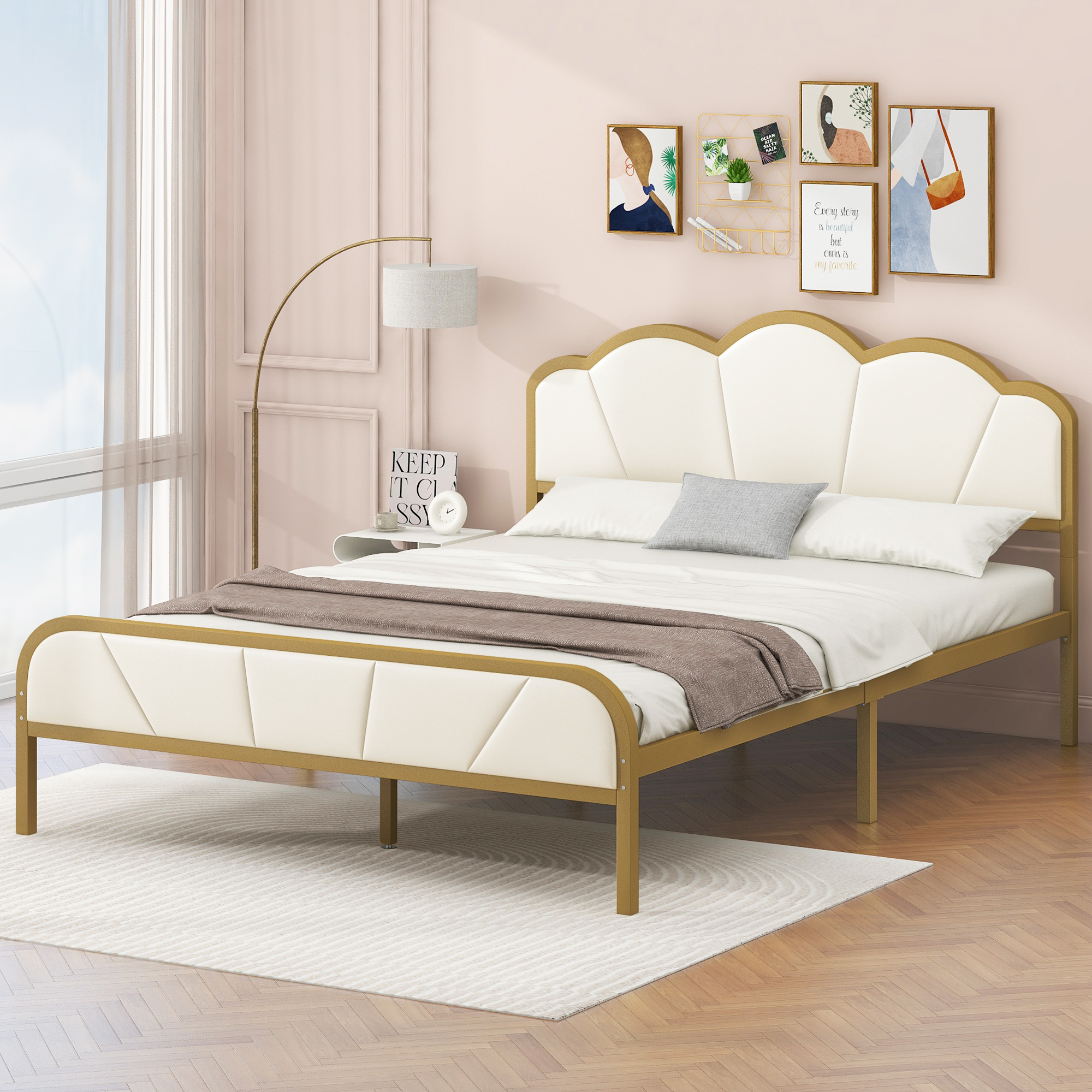 Full Size Metal Platform Bed With Upholstered Headboard And Footboard
