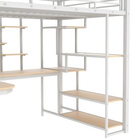 Full Size Metal Loft Bed with Storage Staircase and Small Wardrobe, Built-in Desk and Storage Shelves