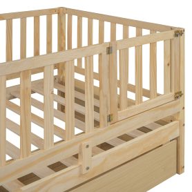 Twin Size Wood Daybed with Fence Guardrails and 2 Drawers, Split into Independent Floor Bed & Daybed
