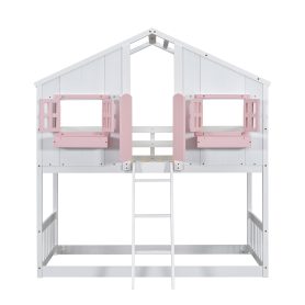 Twin over Twin House Bunk Bed with Roof , Window, Door , Safety Guardrails and Ladder