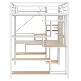 Full Size Metal Loft Bed with Storage Staircase and Small Wardrobe, Built-in Desk and Storage Shelves