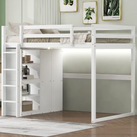 Wood Full Size Loft Bed With Built-in Wardrobe And Storage Shelves, Led Light