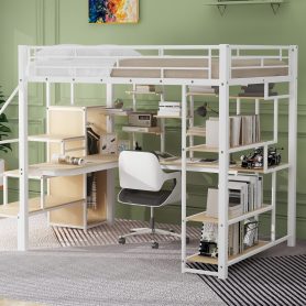 Full Size Metal Loft Bed with Storage Staircase and Small Wardrobe, Built-in Desk and Storage Shelves