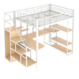 Full Size Metal Loft Bed with Storage Staircase and Small Wardrobe, Built-in Desk and Storage Shelves