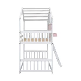 Twin over Twin House Bunk Bed with Roof , Window, Door , Safety Guardrails and Ladder