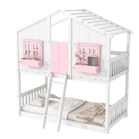 Twin over Twin House Bunk Bed with Roof , Window, Door , Safety Guardrails and Ladder