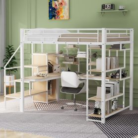 Full Size Metal Loft Bed with Storage Staircase and Small Wardrobe, Built-in Desk and Storage Shelves