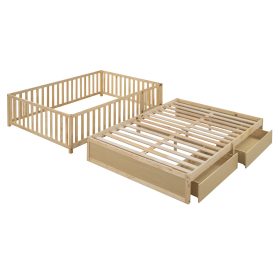 Full Size Wood Daybed with Fence Guardrails and 2 Drawers, Split into Independent Floor Bed & Daybed