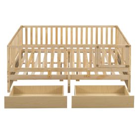 Full Size Wood Daybed with Fence Guardrails and 2 Drawers, Split into Independent Floor Bed & Daybed
