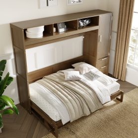 Full Size Murphy Bed with Wardrobe, Drawers and Open Shelves