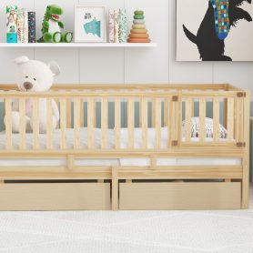 Twin Size Wood Daybed with Fence Guardrails and 2 Drawers, Split into Independent Floor Bed & Daybed