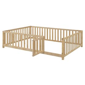 Full Size Wood Daybed with Fence Guardrails and 2 Drawers, Split into Independent Floor Bed & Daybed