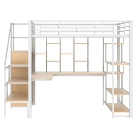 Full Size Metal Loft Bed with Storage Staircase and Small Wardrobe, Built-in Desk and Storage Shelves