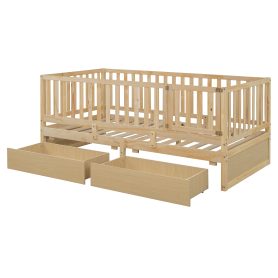 Twin Size Wood Daybed with Fence Guardrails and 2 Drawers, Split into Independent Floor Bed & Daybed