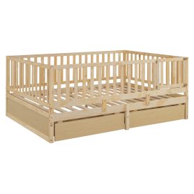 Full Size Wood Daybed with Fence Guardrails and 2 Drawers, Split into Independent Floor Bed & Daybed