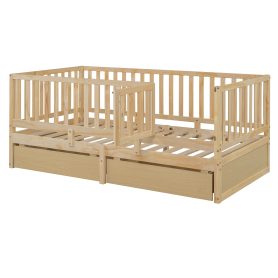 Twin Size Wood Daybed with Fence Guardrails and 2 Drawers, Split into Independent Floor Bed & Daybed