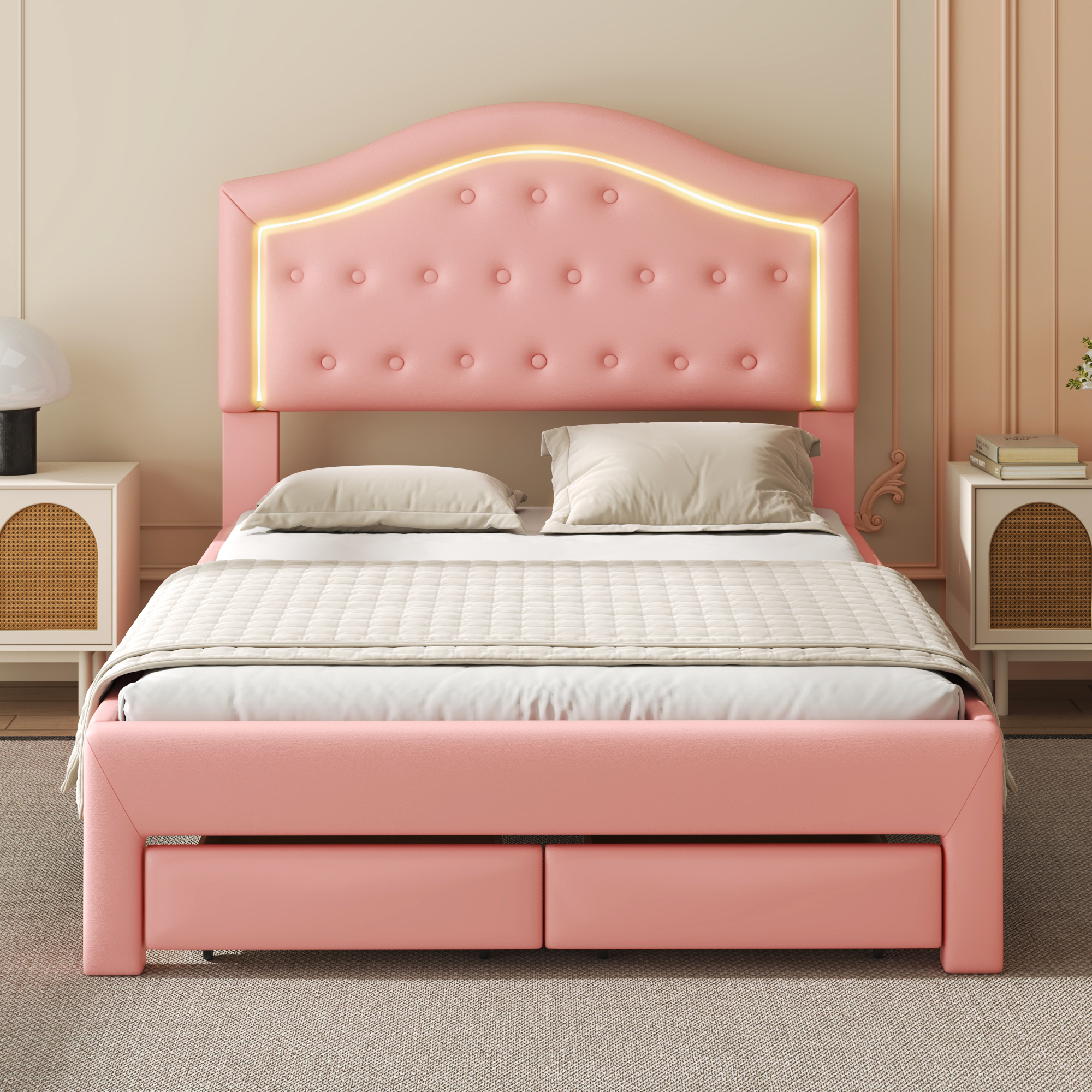 Full Size Upholstered Platform Bed with Tufted Headboard, LED and 2 Drawers
