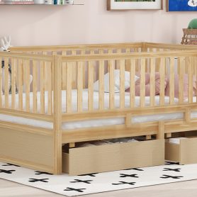 Full Size Wood Daybed with Fence Guardrails and 2 Drawers, Split into Independent Floor Bed & Daybed