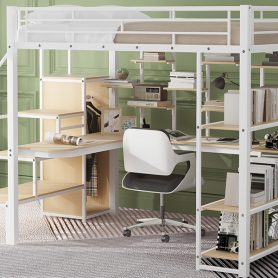 Full Size Metal Loft Bed with Storage Staircase and Small Wardrobe, Built-in Desk and Storage Shelves