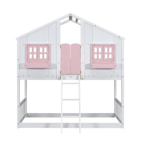 Twin over Twin House Bunk Bed with Roof , Window, Door , Safety Guardrails and Ladder