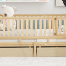 Twin Size Wood Daybed with Fence Guardrails and 2 Drawers, Split into Independent Floor Bed & Daybed