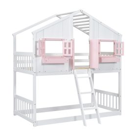 Twin over Twin House Bunk Bed with Roof , Window, Door , Safety Guardrails and Ladder