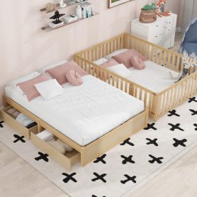 Full Size Wood Daybed with Fence Guardrails and 2 Drawers, Split into Independent Floor Bed & Daybed