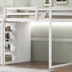 Wood Full Size Loft Bed With Built-in Wardrobe And Storage Shelves, Led Light