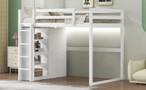 Wood Full Size Loft Bed With Built-in Wardrobe And Storage Shelves, Led Light