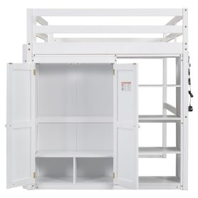 Wood Full Size Loft Bed With Built-in Wardrobe And Storage Shelves, Led Light