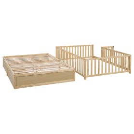 Full Size Wood Daybed with Fence Guardrails and 2 Drawers, Split into Independent Floor Bed & Daybed