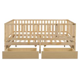 Full Size Wood Daybed with Fence Guardrails and 2 Drawers, Split into Independent Floor Bed & Daybed